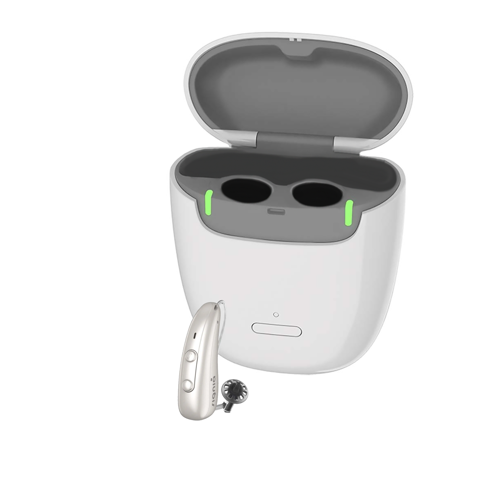 signia-pure-cg-ix-right-portable-pearl_white Signia Pure Charge & Go 5 IX Rechargeable, Multi-Speech Tracking Hearing Aids (Single) with Portable On-The-Go Charger